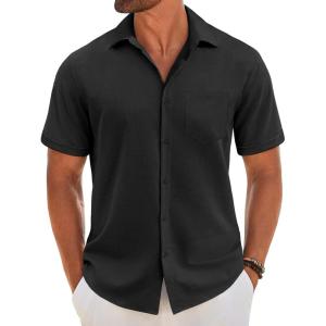 imageCOOFANDY Mens Short Sleeve Button Down Shirt Casual Linen Shirts Summer Beach Vacation Shirt with PocketBlack