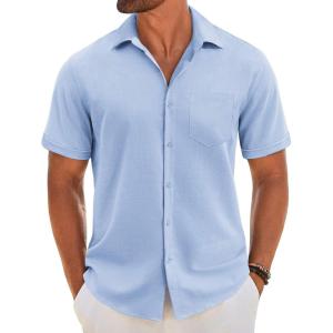 imageCOOFANDY Mens Short Sleeve Button Down Shirt Casual Linen Shirts Summer Beach Vacation Shirt with PocketClear Blue
