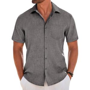 imageCOOFANDY Mens Short Sleeve Button Down Shirt Casual Linen Shirts Summer Beach Vacation Shirt with PocketDark Grey