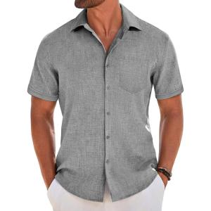 imageCOOFANDY Mens Short Sleeve Button Down Shirt Casual Linen Shirts Summer Beach Vacation Shirt with PocketGrey
