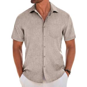 imageCOOFANDY Mens Short Sleeve Button Down Shirt Casual Linen Shirts Summer Beach Vacation Shirt with PocketKhaki