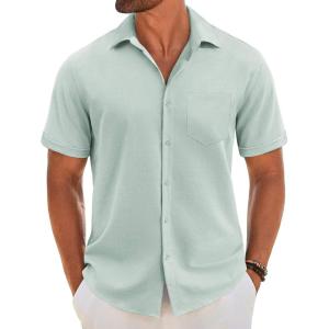 imageCOOFANDY Mens Short Sleeve Button Down Shirt Casual Linen Shirts Summer Beach Vacation Shirt with PocketLeaf
