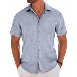 imageCOOFANDY Mens Short Sleeve Button Down Shirt Casual Linen Shirts Summer Beach Vacation Shirt with PocketLight Denim Blue
