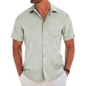 imageCOOFANDY Mens Short Sleeve Button Down Shirt Casual Linen Shirts Summer Beach Vacation Shirt with PocketLight Green