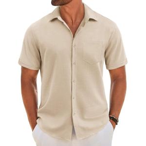 imageCOOFANDY Mens Short Sleeve Button Down Shirt Casual Linen Shirts Summer Beach Vacation Shirt with PocketLight Khaki