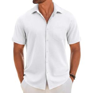 imageCOOFANDY Mens Short Sleeve Button Down Shirt Casual Linen Shirts Summer Beach Vacation Shirt with PocketWhite