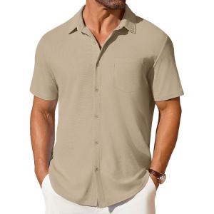 imageCOOFANDY Mens Short Sleeve Button Down Shirt Casual Summer Beach Shirt Waffle Knit Shirts Wrinkle Free Untucked ShirtKhaki