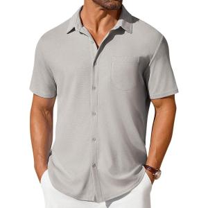 imageCOOFANDY Mens Short Sleeve Button Down Shirt Casual Summer Beach Shirt Waffle Knit Shirts Wrinkle Free Untucked ShirtLight Grey