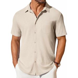 imageCOOFANDY Mens Short Sleeve Button Down Shirt Casual Summer Beach Shirt Waffle Knit Shirts Wrinkle Free Untucked ShirtLight Khaki