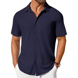 imageCOOFANDY Mens Short Sleeve Button Down Shirt Casual Summer Beach Shirt Waffle Knit Shirts Wrinkle Free Untucked ShirtNavy Blue