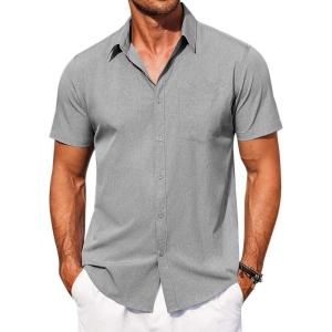imageCOOFANDY Mens Short Sleeve Button Down Shirt Casual Summer Beach Shirts Vacation Wedding Shirt with PocketAshen Gray