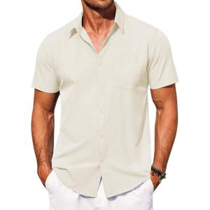 imageCOOFANDY Mens Short Sleeve Button Down Shirt Casual Summer Beach Shirts Vacation Wedding Shirt with PocketCream