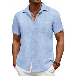 imageCOOFANDY Mens Short Sleeve Button Down Shirt Casual Summer Beach Untucked Vacation Textured Shirts with PocketAngel Falls