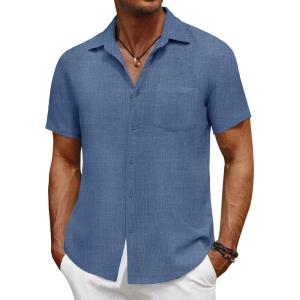 imageCOOFANDY Mens Short Sleeve Button Down Shirt Casual Summer Beach Untucked Vacation Textured Shirts with PocketDark Blue