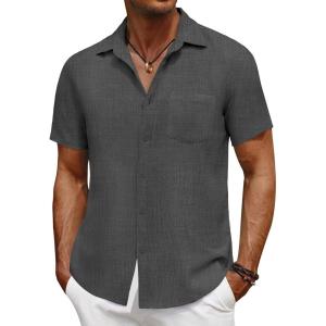 imageCOOFANDY Mens Short Sleeve Button Down Shirt Casual Summer Beach Untucked Vacation Textured Shirts with PocketGranite Gray