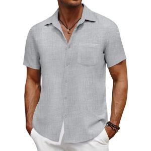 imageCOOFANDY Mens Short Sleeve Button Down Shirt Casual Summer Beach Untucked Vacation Textured Shirts with PocketQuiet Gray