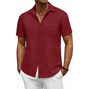 imageCOOFANDY Mens Short Sleeve Button Down Shirt Casual Summer Beach Untucked Vacation Textured Shirts with PocketScarlet Sage