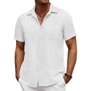 imageCOOFANDY Mens Short Sleeve Button Down Shirt Casual Summer Beach Untucked Vacation Textured Shirts with PocketWhite