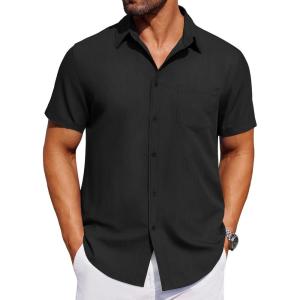 imageCOOFANDY Mens Short Sleeve Button Down Shirt Casual Untucked Dress Shirt Stretch Denim ShirtBlack