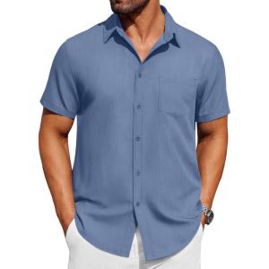 imageCOOFANDY Mens Short Sleeve Button Down Shirt Casual Untucked Dress Shirt Stretch Denim ShirtDenim Blue