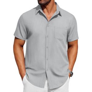 imageCOOFANDY Mens Short Sleeve Button Down Shirt Casual Untucked Dress Shirt Stretch Denim ShirtLight Gray