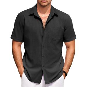 imageCOOFANDY Mens Short Sleeve Button Down Shirts 100 Cotton Beach Style Textured ShirtsBlack
