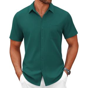imageCOOFANDY Mens Short Sleeve Button Down Shirts Casual Dress Shirts for Men Summer Untucked Shirts with PocketLake Blue