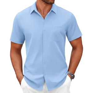 imageCOOFANDY Mens Short Sleeve Button Down Shirts Casual Dress Shirts for Men Summer Untucked Shirts with PocketLight Blue