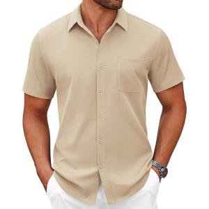 imageCOOFANDY Mens Short Sleeve Button Down Shirts Casual Dress Shirts for Men Summer Untucked Shirts with PocketLight Khaki