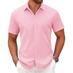 imageCOOFANDY Mens Short Sleeve Button Down Shirts Casual Dress Shirts for Men Summer Untucked Shirts with PocketPink