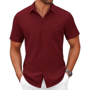 imageCOOFANDY Mens Short Sleeve Button Down Shirts Casual Dress Shirts for Men Summer Untucked Shirts with PocketWine Red