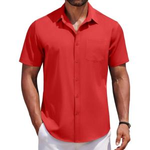 imageCOOFANDY Mens Short Sleeve Button Down Shirts Casual Summer Untucked Wrinkle Free Dress Shirts with PocketFiery Red