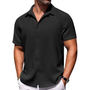 imageCOOFANDY Mens Short Sleeve Button Down Shirts Waffle Shirt Casual Beach Summer Shirts Wrinkle Free Vacation ShirtsAblack
