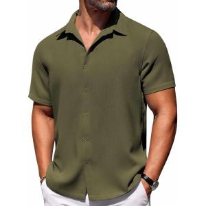 imageCOOFANDY Mens Short Sleeve Button Down Shirts Waffle Shirt Casual Beach Summer Shirts Wrinkle Free Vacation ShirtsArmy Green
