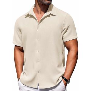 imageCOOFANDY Mens Short Sleeve Button Down Shirts Waffle Shirt Casual Beach Summer Shirts Wrinkle Free Vacation ShirtsBeige