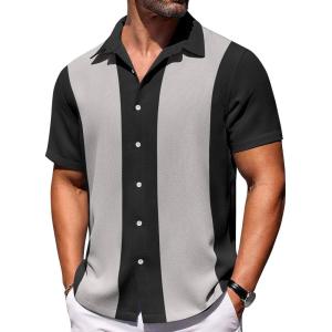 imageCOOFANDY Mens Short Sleeve Button Down Shirts Waffle Shirt Casual Beach Summer Shirts Wrinkle Free Vacation ShirtsBlack Ash Combo