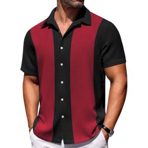 imageCOOFANDY Mens Short Sleeve Button Down Shirts Waffle Shirt Casual Beach Summer Shirts Wrinkle Free Vacation ShirtsBlack Burgundy Combo