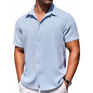 imageCOOFANDY Mens Short Sleeve Button Down Shirts Waffle Shirt Casual Beach Summer Shirts Wrinkle Free Vacation ShirtsBlue
