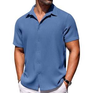 imageCOOFANDY Mens Short Sleeve Button Down Shirts Waffle Shirt Casual Beach Summer Shirts Wrinkle Free Vacation ShirtsDark Blue
