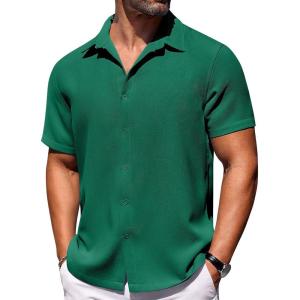 imageCOOFANDY Mens Short Sleeve Button Down Shirts Waffle Shirt Casual Beach Summer Shirts Wrinkle Free Vacation ShirtsGreen