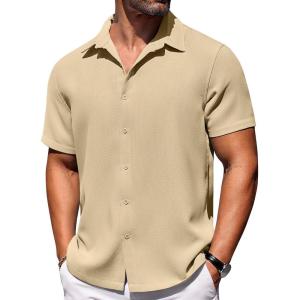 imageCOOFANDY Mens Short Sleeve Button Down Shirts Waffle Shirt Casual Beach Summer Shirts Wrinkle Free Vacation ShirtsKhaki