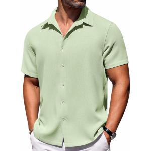 imageCOOFANDY Mens Short Sleeve Button Down Shirts Waffle Shirt Casual Beach Summer Shirts Wrinkle Free Vacation ShirtsLight Green