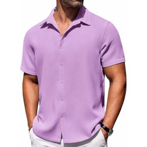 imageCOOFANDY Mens Short Sleeve Button Down Shirts Waffle Shirt Casual Beach Summer Shirts Wrinkle Free Vacation ShirtsLight Purple