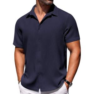 imageCOOFANDY Mens Short Sleeve Button Down Shirts Waffle Shirt Casual Beach Summer Shirts Wrinkle Free Vacation ShirtsNavy Blue