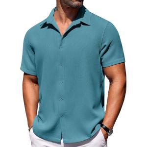 imageCOOFANDY Mens Short Sleeve Button Down Shirts Waffle Shirt Casual Beach Summer Shirts Wrinkle Free Vacation ShirtsPeacock Blue