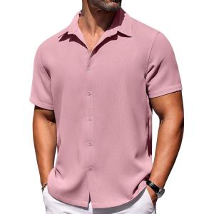 imageCOOFANDY Mens Short Sleeve Button Down Shirts Waffle Shirt Casual Beach Summer Shirts Wrinkle Free Vacation ShirtsPink