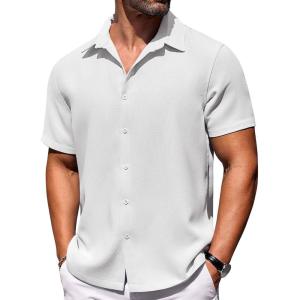 imageCOOFANDY Mens Short Sleeve Button Down Shirts Waffle Shirt Casual Beach Summer Shirts Wrinkle Free Vacation ShirtsWhite