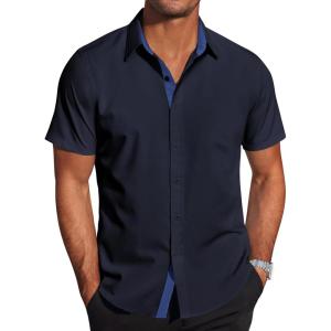 imageCOOFANDY Mens Short Sleeve Button Down Shirts Wrinkle Free Casual Summer Shirts Business Dress ShirtsDeep Blue
