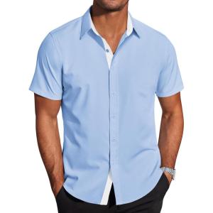 imageCOOFANDY Mens Short Sleeve Button Down Shirts Wrinkle Free Casual Summer Shirts Business Dress ShirtsLight Blue