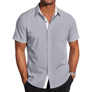 imageCOOFANDY Mens Short Sleeve Button Down Shirts Wrinkle Free Casual Summer Shirts Business Dress ShirtsLight Grey